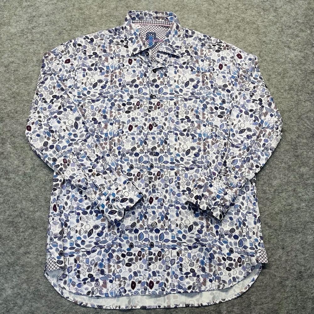 Luchiano Visconti Button Up Mens M Abstract Pebble Print Cotton White Blue Purp